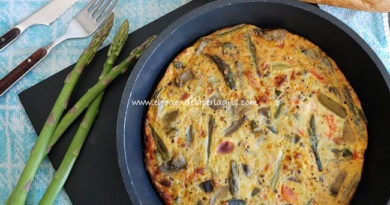 Frittata de espárragos verdes, berenjenas y bacon
